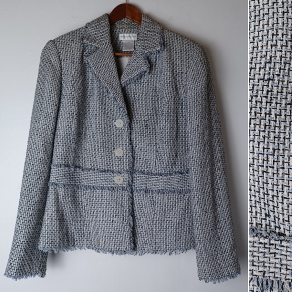 Worthington Blue and White Tweed Frayed Long Sleeve Blazer Women's Size S (6-8) - Picture 2 of 10
